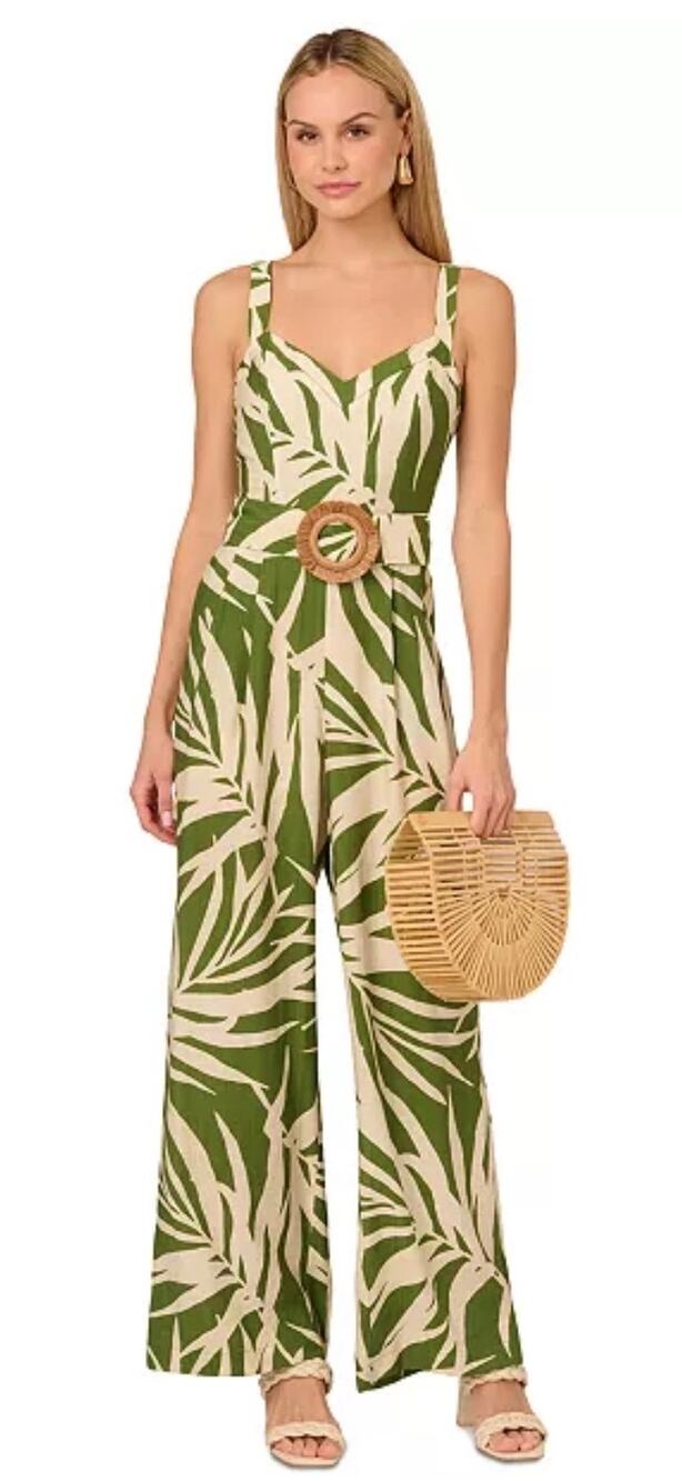 Adrianna Papell Green Ivory Palm Print Wide Leg Jumpsuit 12 NWT - Picture 1 of 16